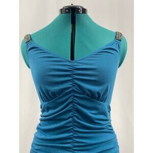 Wet Seal Ruched Bodycon Dress Beaded Shoulder Straps Size Large Color Blue